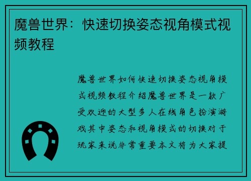 魔兽世界：快速切换姿态视角模式视频教程